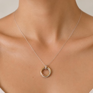 Può includere: Una collana con un ciondolo composto da tre anelli intrecciati nei toni dell'oro giallo, rosa e bianco. L'anello superiore è impreziosito da piccole pietre chiare e scintillanti. Il ciondolo pende da una sottile catenina color argento.