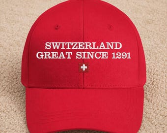 Schweiz – großartig seit 1291 – Bestickte Mütze, rote Baseballkappe mit Schweizer Kreuz, Geschenkidee für Reisende mit Schweizer Erbe