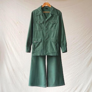 Vintage 70s Prova Flared 2-Piece Safari Suit Chest 38 w34 Green Cotton Overdyed