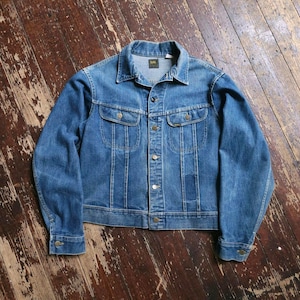 Vintage 70s Lee Rider 101-J Denim Trucker Jacket L Honda Biker Patch Made in USA Mid Wash Blue Faded Distressed