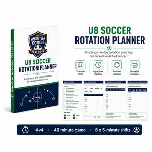Puede incluir: Un libro U8 Soccer Rotation Planner con cubierta blanca y azul marino que muestra un gráfico de campo de fútbol. El planificador incluye secciones para turnos preestablecidos, seguimiento de tiempo, rotación de posiciones y hojas imprimibles.