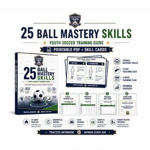 Może przedstawiać: Cyfrowy przewodnik treningowy piłki nożnej dla młodzieży zatytułowany 25 Ball Mastery Skills, zawierający plik PDF do druku i karty umiejętności. Zestaw obejmuje 4-tygodniowy plan treningowy, śledzenie postępów oraz certyfikat ukończenia.