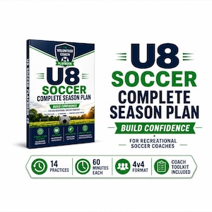 Puede incluir: Un manual de plan de temporada de fútbol U8 para entrenadores recreativos. La portada muestra un balón en un campo, el texto U8 SOCCER COMPLETE SEASON PLAN y BUILD CONFIDENCE. Incluye 14 prácticas de 60 minutos y formato 4v4.
