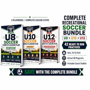 Puede incluir: Tres manuales de entrenamiento de fútbol titulados U8, U10 y U12 Soccer Complete Season Plan. El paquete incluye 42 prácticas listas para usar, formatos 4v4, 7v7 y 9v9, diagramas 3D y kits de herramientas imprimibles. Texto: Complete Recreational Soccer Bundle.