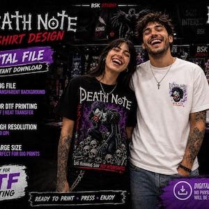 May include: A digital graphic design file for Death Note t-shirts featuring a black t-shirt with a large Ryuk illustration on skulls and a white t-shirt with a small chest logo. The design includes the text Death Note and Japanese characters.
