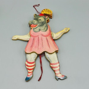 Vintage 1988 Jacque Starkey Dancing Hippo Pull String Jumping Jack Puppet Toy