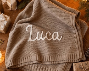 Personalisierte, bestickte Babydecke aus Bio-Baumwollstrick, individuelles Geschenk zur Geburt