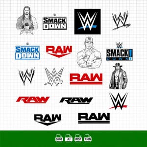 Pode incluir: Uma coleção de gráficos digitais em preto e branco com vários logotipos da WWE, incluindo o texto Smackdown e Raw, juntamente com ilustrações estilizadas de lutadores profissionais como Roman Reigns, John Cena e The Undertaker.