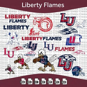 Peut inclure: Une feuille graphique numérique présentant des logos Liberty Flames, incluant le texte Liberty Flames, divers monogrammes LU, des mascottes d'aigles et un casque de football américain en rouge, blanc et bleu avec des icônes de fichiers.