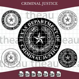 May include: A black and white digital graphic featuring the Texas Department of Criminal Justice seal. The circular emblem displays a central five-pointed star surrounded by a laurel wreath, with the text Texas Department of Criminal Justice.