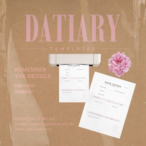 Puede incluir: Un conjunto de plantillas digitales titulado DATIARY TEMPLATES que muestra una impresora blanca imprimiendo una hoja llamada DATE NOTES con secciones para primeras impresiones, química, banderas verdes y rojas, junto a una flor de peonía rosa.