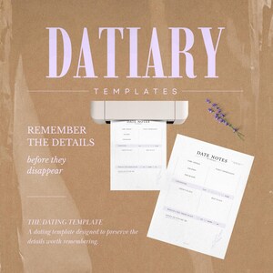 May include: A digital printing machine feeding a white paper sheet with the text DATE NOTES, alongside a printed copy of the same form featuring sections for name, location, first impressions, chemistry, green flags, red flags, and notes.