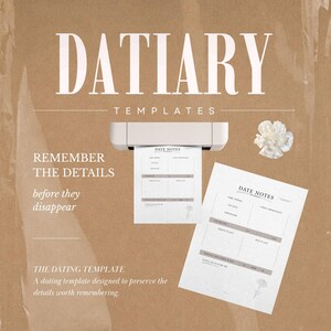May include: A digital template set titled DATIARY TEMPLATES featuring white paper sheets with the heading DATE NOTES. The forms include sections for name, date, first impressions, green flags, red flags, and notes, accented by a small flower graphic.