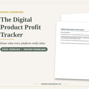 May include: A digital product profit tracker Excel template with a beige background. The text reads: The Digital Product Profit Tracker, Know what every platform really takes, Digital Download, Excel Template, Instant Download, and Forma Business Co.