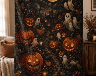 Halloween pompoen deken, Jack-o-Lantern spook fleece plaid, knusse herfstdeken, griezelig woondecoratiecadeau