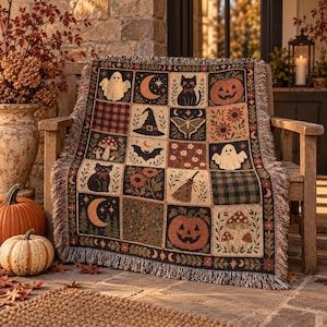 Vintage Halloween Woven Blanket, Folk Art Patchwork Throw, Black Cat Ghost Pumpkin Tapestry, Cottagecore Fall Decor