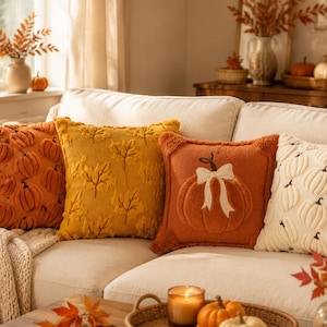 May include: Four square throw pillows arranged on a sofa. The first is orange with a repeating pumpkin pattern, the second is mustard yellow with a leaf design, the third is burnt orange with a single pumpkin and bow, and the fourth is cream.