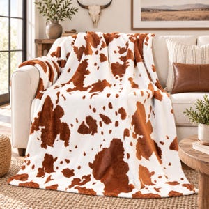 May include: A plush throw blanket featuring a white base with a brown cow print pattern. The fabric has a soft, textured appearance and is draped over the back and seat of a light-colored sofa, covering the cushions with its spotted design.