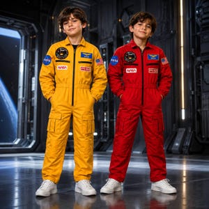 May include: Two long-sleeve jumpsuits, one yellow and one red, featuring NASA logos, a blue NASA patch, a US flag patch on the sleeve, and a name tag reading GRACE. Each jumpsuit has a front zipper, two chest pockets, and two large cargo pockets on the legs.