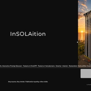 May include: A digital interface titled InSOLAition featuring a central black panel with white text, a sidebar showing a thumbnail of two tall skyscrapers, and a large right-hand image displaying two modern high-rise buildings at sunset.