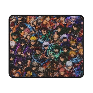 May include: A rectangular mouse pad featuring a dense, colourful collage of various anime characters in dynamic poses. The design includes multiple figures with distinct hair colours, facial expressions, and combat effects like lightning and fire.