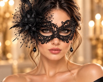 Black Feather Venetian Lace Masquerade Mask | Gothic Floral Ball Mask for Women