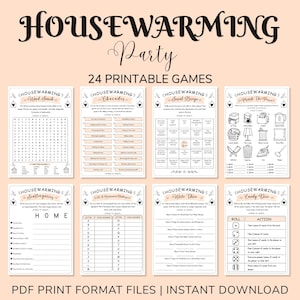 May include: A collection of 24 printable housewarming party games in PDF format. The image displays eight game sheets including Word Search, Charades, Social Bingo, Match The Price, Scattergories, A-Z Housewarming Challenge, Write Three, and Candy Dice.