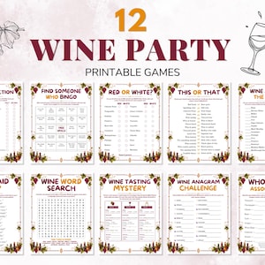 Peut inclure: Un ensemble de 12 jeux de fête sur le thème du vin à imprimer, illustré par une grappe de raisin et deux verres à vin qui trinquent. La collection comprend des titres comme Fact or Fiction, Bingo, Red or White et Wine Word Search.