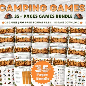 Puede incluir: Un paquete digital de más de 35 juegos de camping imprimibles que incluye hojas de actividades como trivia, bingo y búsquedas del tesoro. Cada página muestra el texto CAMPING con un diseño de madera y banderines coloridos arriba.