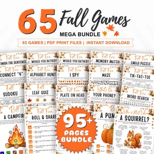 May include: A digital collection of 65 autumn-themed games presented as PDF print files. The bundle features various activity sheets including word searches, mazes, and trivia, decorated with autumn leaves, squirrels, and pumpkins in orange and brown.
