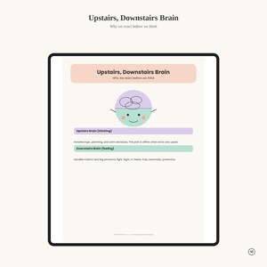 May include: A digital educational chart titled Upstairs, Downstairs Brain: Why we react before we think. It features a split-colour circular character with a purple top and green bottom, explaining the thinking and feeling brain functions.