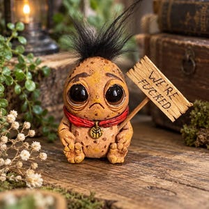 Könnte beinhalten: Eine kleine, gesprenkelte, hellbraune Kreaturenfigur mit großen schwarzen Augen, einem traurigen Gesichtsausdruck und einer schwarzen Haartolle. Sie trägt einen roten Schal mit einem goldenen runden Anhänger und hält ein Holzschild mit der Aufschrift "WE'RE FUCKED."