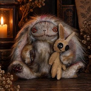 Creepy Bunny ,IN STOCK,Plush Art Doll, Handmade Gothic Rabbit, Collectible Fantasy Toy