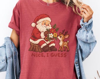 Nice I Guess Christmas Shirt, Funny Santa Reindeer Retro Pixel Art