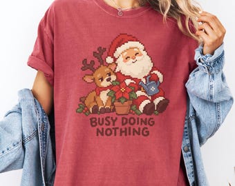 Busy Doing Nothing Christmas Shirt, Funny Santa Reindeer Pixel Art