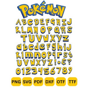 May include: A digital alphabet set featuring the yellow and blue Pokémon logo style font. The collection includes uppercase letters A-Z, lowercase letters a-z, numbers 0-9, and symbols. File formats listed at the bottom are PNG, SVG, PDF, DXF, OTF, and TTF.