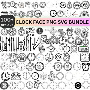 May include: A digital collection of over 100 black and white clock face designs, including various analog clock styles, alarm clocks, pocket watches, digital displays, and clock hands, labeled with the text 100+ DESIGNS CLOCK FACE PNG SVG BUNDLE.