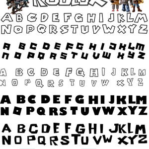Puede incluir: Un conjunto de alfabeto digital que presenta el logotipo de Roblox e ilustraciones de personajes en la parte superior. La imagen muestra cinco variaciones distintas del alfabeto inglés de la A a la Z en diferentes estilos, incluyendo fuentes de contorno y sólidas.