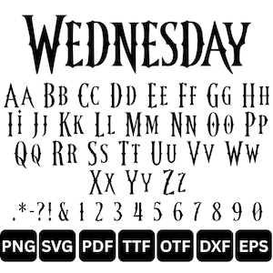 Może przedstawiać: Cyfrowy zestaw czcionek przedstawiający słowo WEDNESDAY w stylizowanym, czarnym kroju pisma o ostrych krawędziach, zawierający wielkie litery od A do Z, cyfry od 0 do 9, znaki interpunkcyjne oraz etykiety formatów plików PNG, SVG, PDF, TTF, OTF, DXF i EPS.