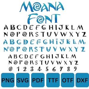 Op de afbeelding: Een digitale lettertypeset genaamd Moana Font, met hoofdletters A tot en met Z en cijfers 0 tot en met 9 in een gestileerd lettertype met spiraalvormige accenten. De set bevat zwarte en blauwe versies, met bestandsformaten PNG, SVG, PDF, TTF, OTF en DXF.