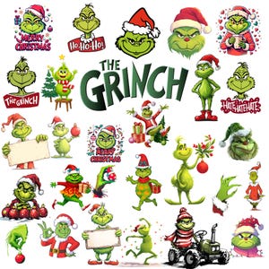 Puede incluir: Una colección de pegatinas digitales que muestran al personaje verde Grinch en varias poses con temática navideña, usando gorros de Papá Noel y bufandas, sosteniendo adornos, regalos y letreros en blanco, con el texto THE GRINCH en letras verdes.