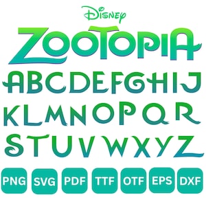Könnte beinhalten: Ein digitales Alphabet-Schriftset mit dem Disney Zootopia-Logo und den Buchstaben A bis Z in einer stilisierten Schriftart mit grünem und blaugrünem Farbverlauf. Sieben türkisfarbene, abgerundete Quadrate zeigen die Dateiformate PNG, SVG, PDF, TTF, OTF, EPS und DXF.