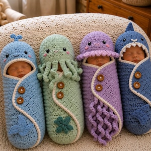 Ocean Animal Crochet Cocoon Swaddle Patterns | Whale, Jellyfish, Seal, Shark Photo Prop (PDF)