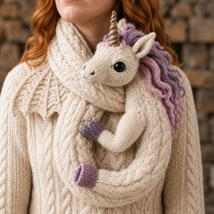 May include: A cream-colored knitted scarf featuring a three-dimensional unicorn head and body. The unicorn has a golden spiral horn, large black eyes, and a long, wavy mane in shades of purple and pink. The scarf ends in purple-tipped hooves.