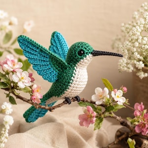May include: A crocheted hummingbird figurine featuring vibrant teal and green wings, a white chest, and a long, thin black beak. The bird is crafted with detailed yarn stitching and has a small black eye, depicted in a mid-flight pose with wings spread.