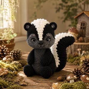 Op de afbeelding: Een gehaakte stinkdierknuffel met een zwart en donkergrijs lichaam, voorzien van een opvallende witte streep die van de bovenkant van de kop tot over de rug loopt. De knuffel heeft grote donkere ogen, een kleine zwarte neus en een pluizige staart.