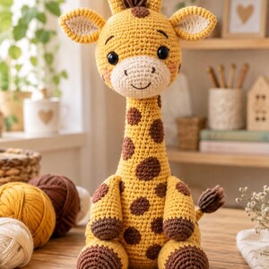 Pode incluir: Um peluche de girafa feito em croché com corpo amarelo e manchas castanhas, focinho cor de creme, cascos castanho-escuros e dois pequenos chifres no topo da cabeça. A girafa tem olhos pretos grandes e um sorriso bordado.