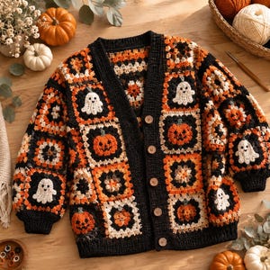 May include: A long-sleeve crochet cardigan featuring a granny square pattern in black, orange, and white. The design includes motifs of white ghosts and orange jack-o'-lanterns. The garment has a black ribbed trim, a V-neckline, and five wooden buttons.