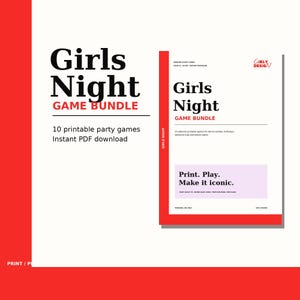 Puede incluir: Un paquete de juegos Girls Night Game Bundle con 10 juegos de fiesta imprimibles. El documento blanco incluye el texto Girls Night Game Bundle, Print. Play. Make it iconic., y enumera títulos de juegos sobre un fondo morado claro con detalles rojos.