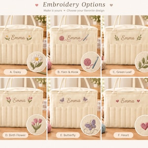 May include: A cream-colored rectangular storage tote with two handles and vertical pleated pockets. The front features the embroidered name Emma flanked by six design options: a daisy, yarn and hook, green leaf, tulips, butterfly, and heart.